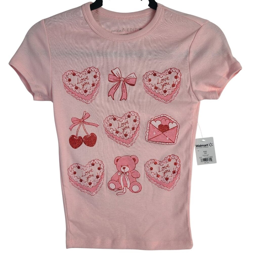 NWT Social Edition Love You Hearts Graphic Valentines Tee Chalk Pink Sz XXS